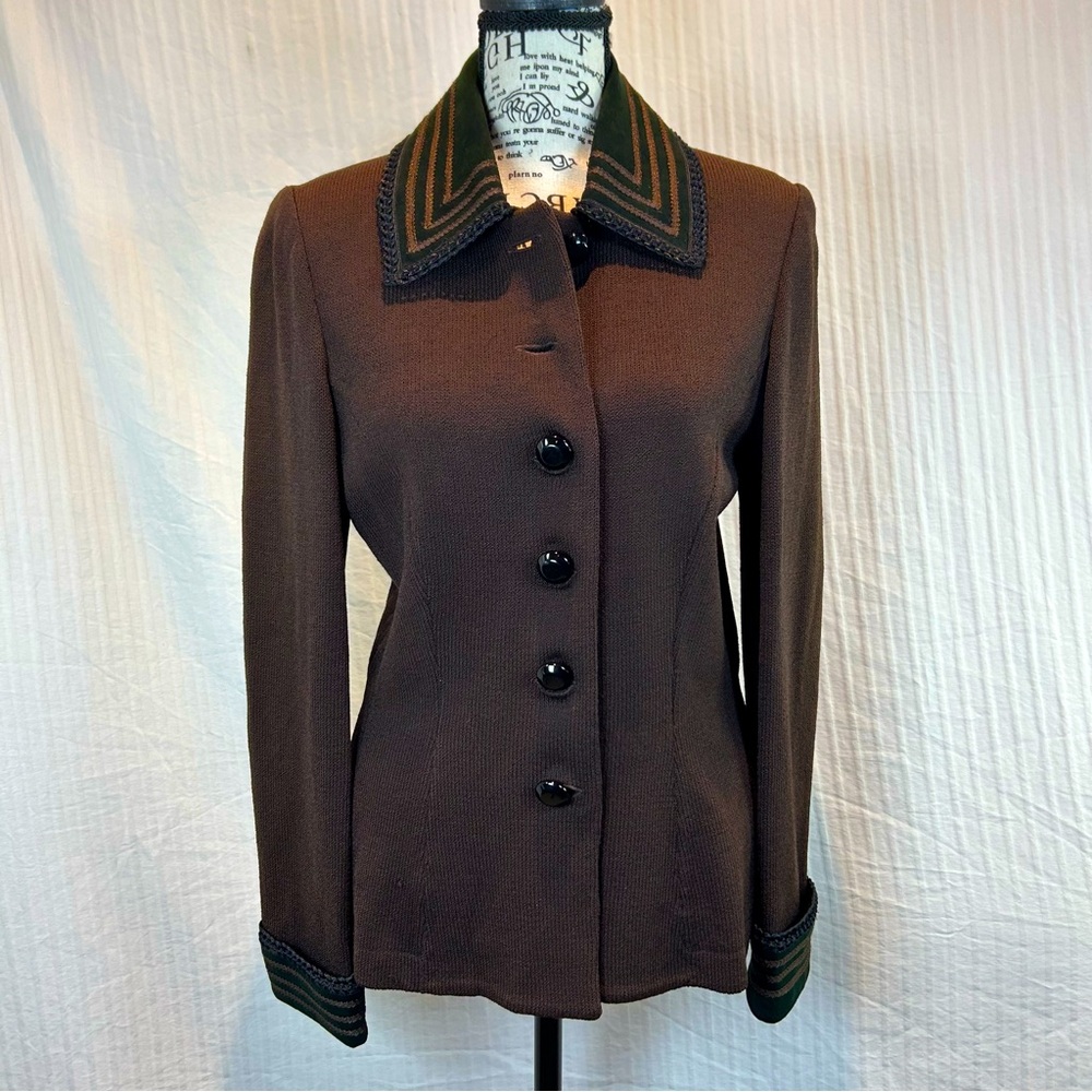 St. John Chocolate Brown and Black Knit  Wool and Suede Blazer Jacket Fitted 90s